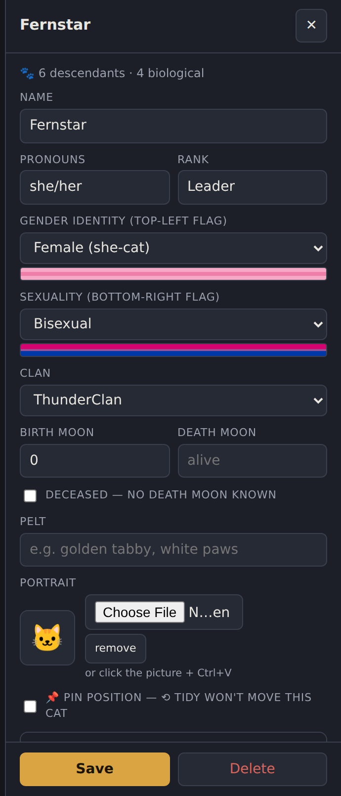 Profile panel: name, pronouns, rank, gender and sexuality flags, clan, moons, pelt, portrait and pin toggle